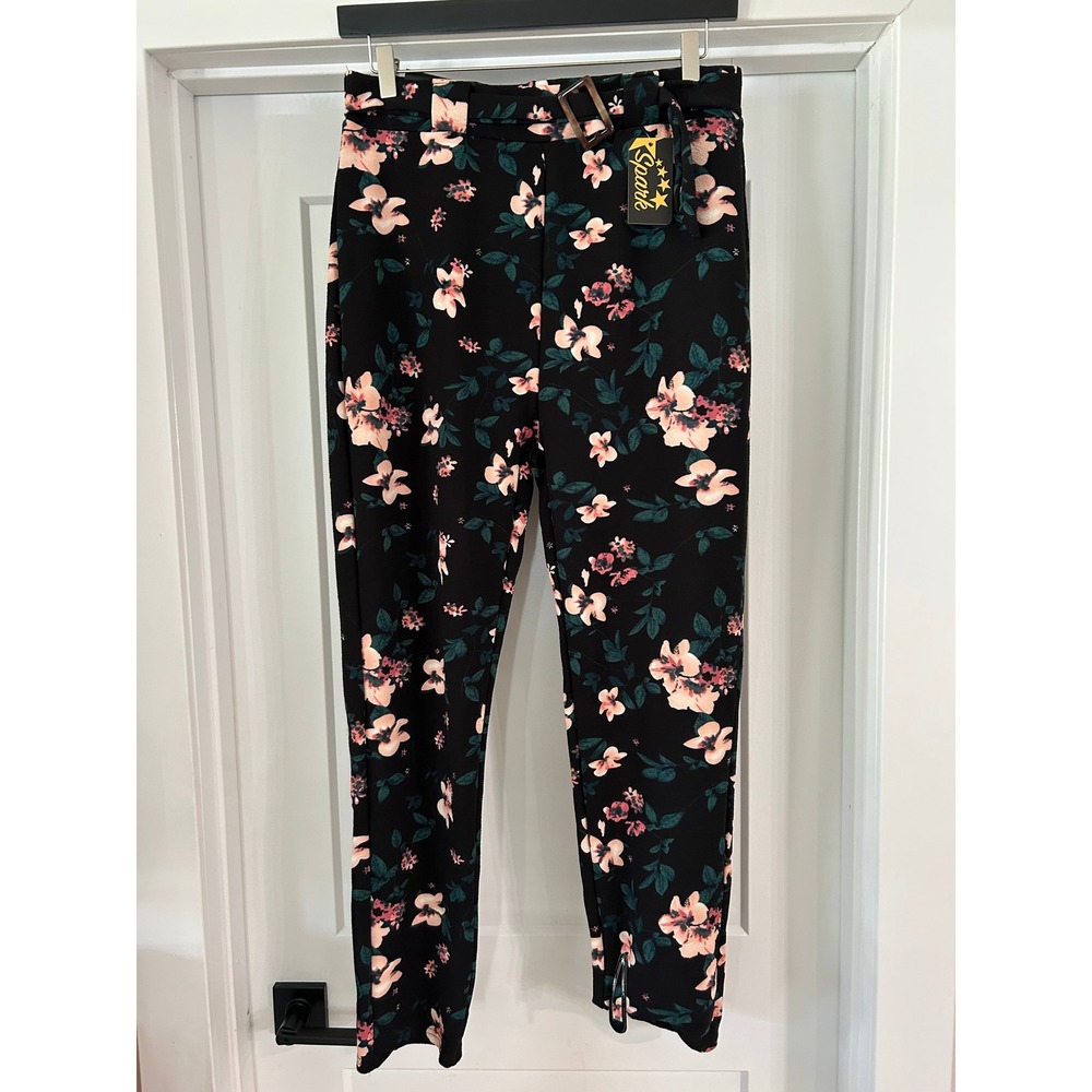 NEW Spark Womens XL Black Pink Floral Belted High Rise Tapered Ankle Pants‎